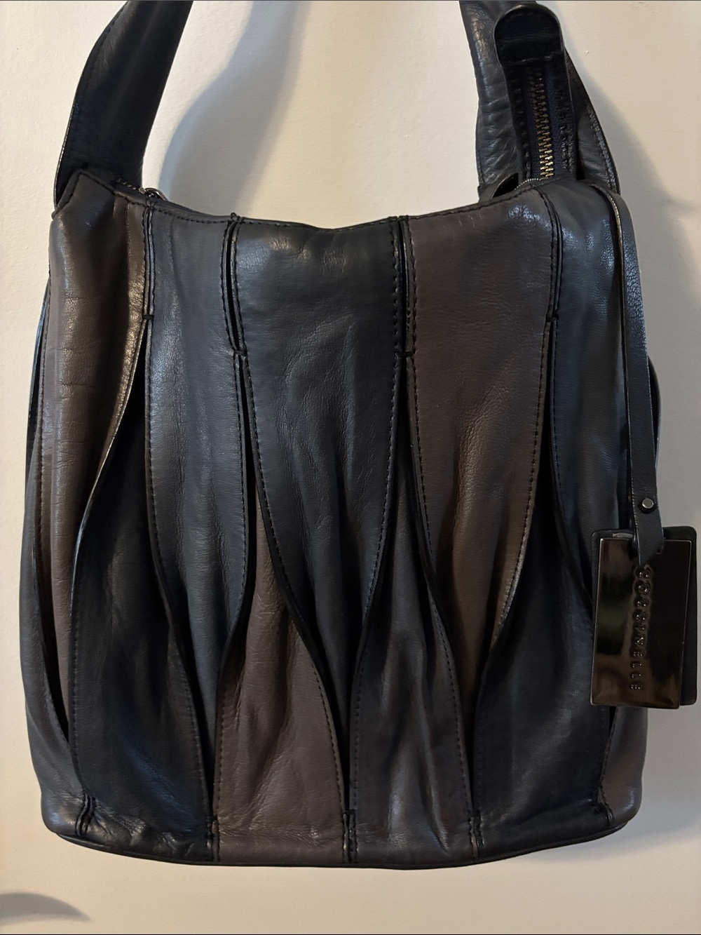 COCCINELLE Vintage Women Hobo Shoulder Bag Blue/Taupe Pleated Design